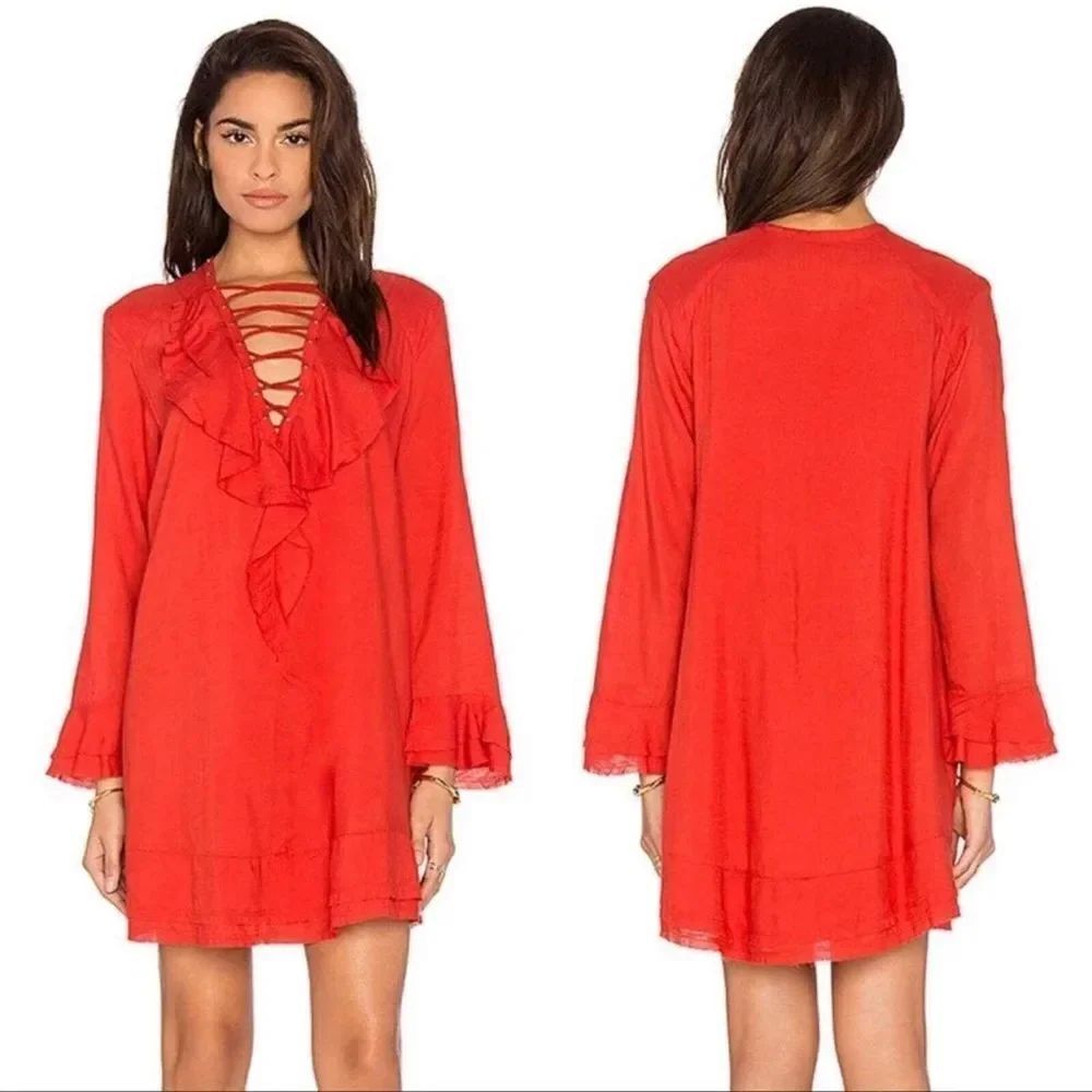 IRO Florine Lace Up Ruffle Dress in Poppy Red